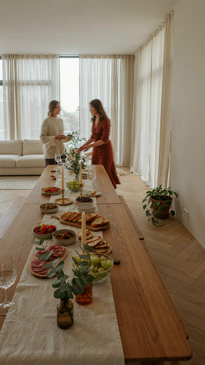 A spacious appetizer table layout in a large, open room.