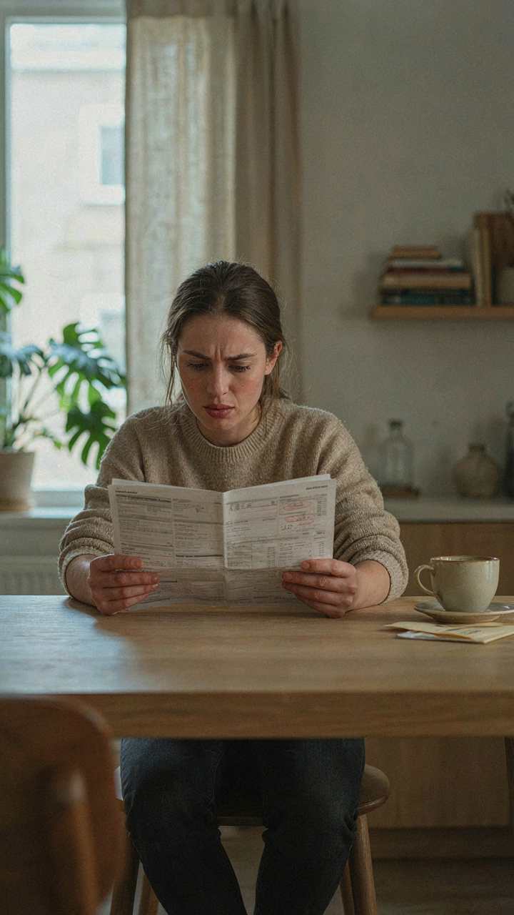 A confused person looks at a detailed energy bill with many numbers.