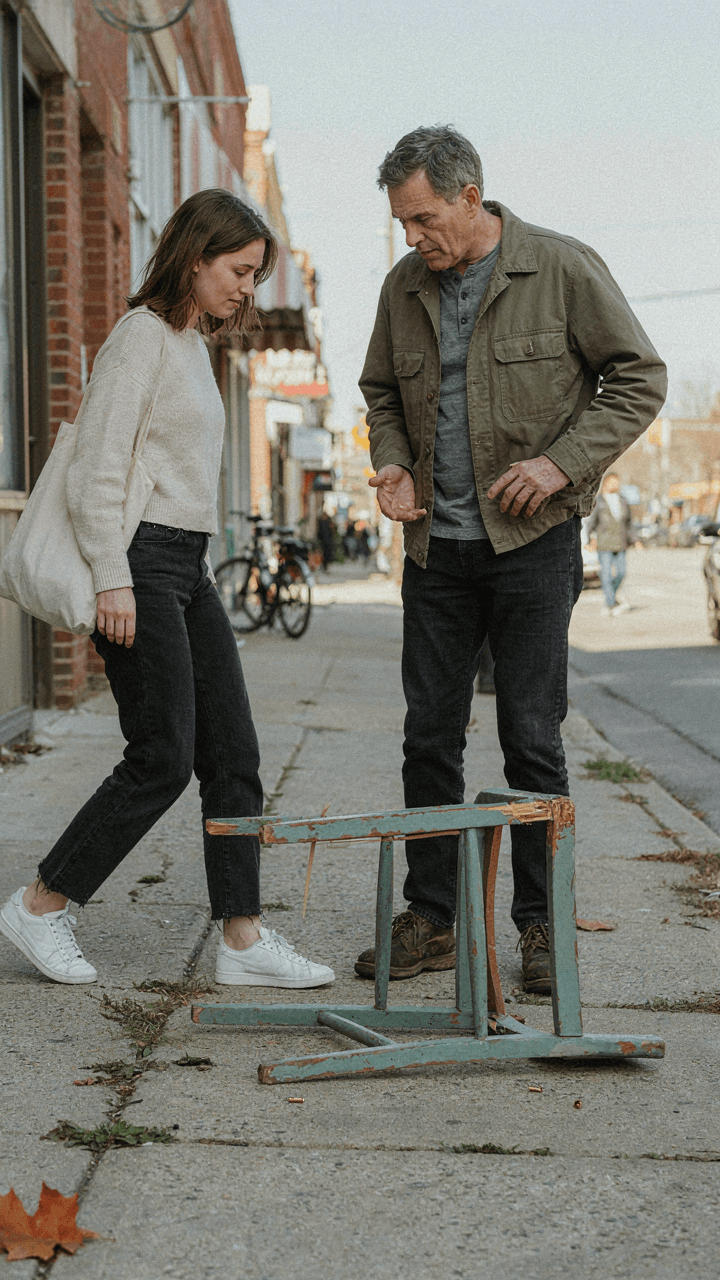 One person walks past a broken chair, another stops to examine it.