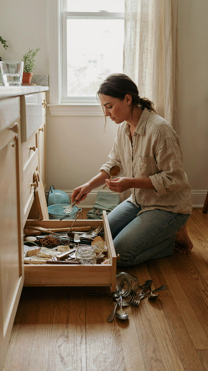 A person sorts a kitchen drawer, keeping only three important items.