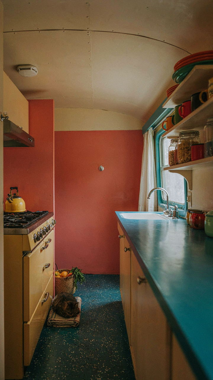 A vintage camper kitchen shows a bold and truly unique design aesthetic.
