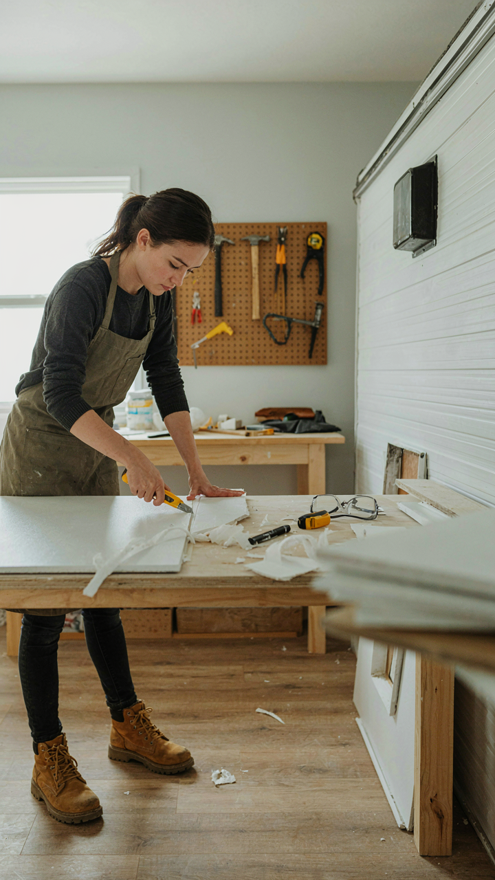 A person easily cuts foam board next to an RV with simple skirting.