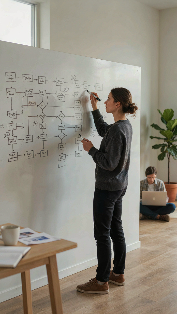 A person draws a complex flowchart on a whiteboard, mapping a system.