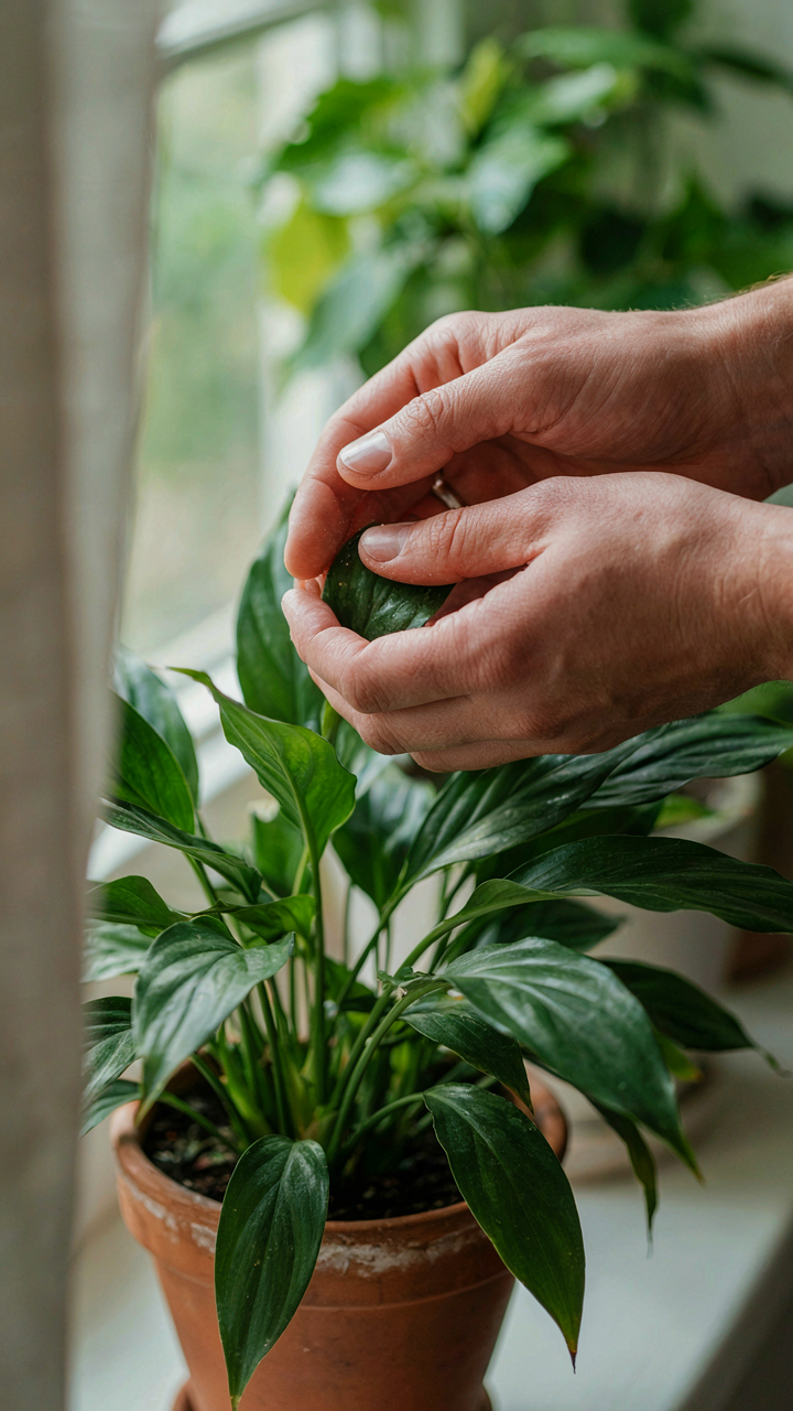 Close-up of hands carefully tending to a thriving potted plant, wiping a leaf.