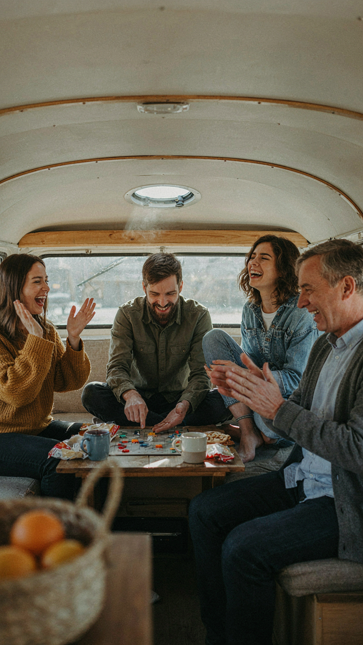 People laugh and play games in a beautifully lit vintage camper.