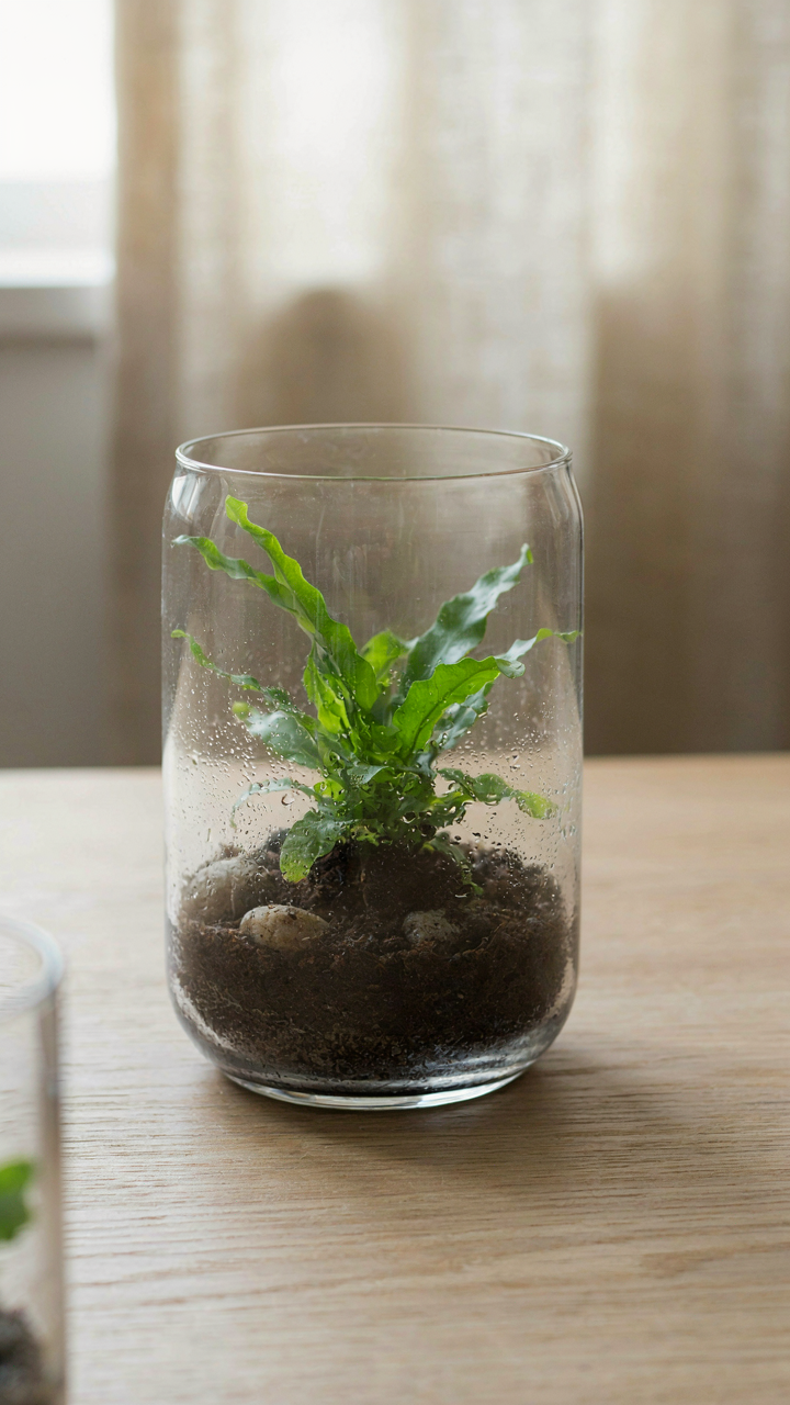 A glass terrarium shows condensation on its inside walls.