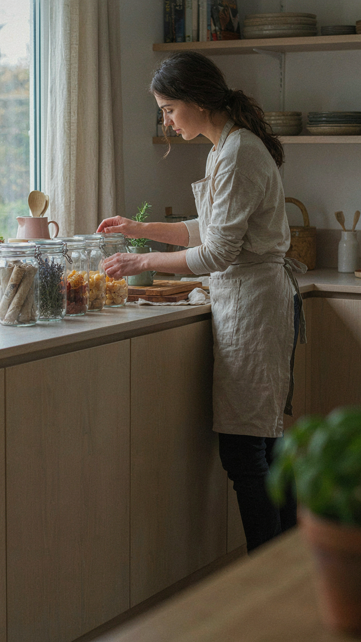 A person carefully arranges items by size and weight on a counter.