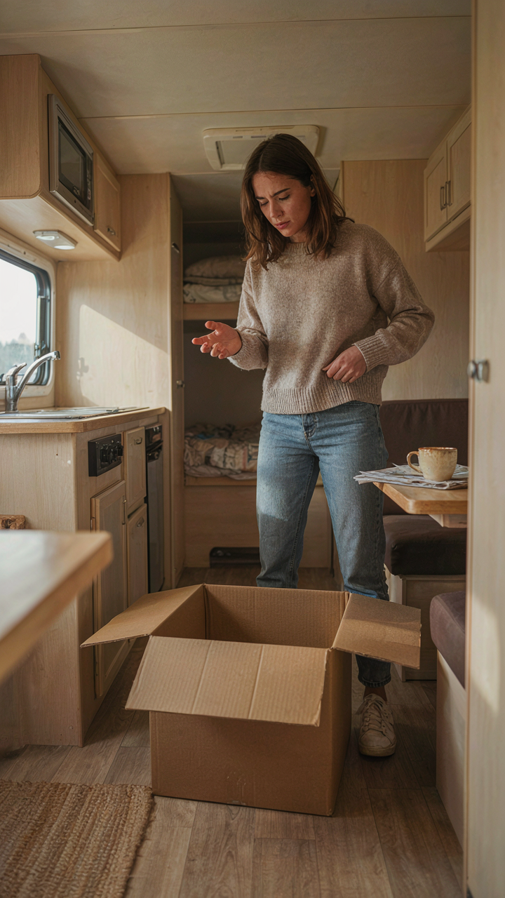 A person looks at a large empty moving box in a small RV.