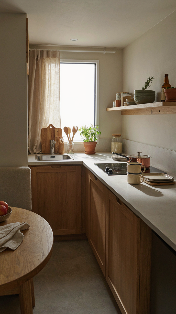 An efficient RV kitchen with essential items, showing mindful consumption.