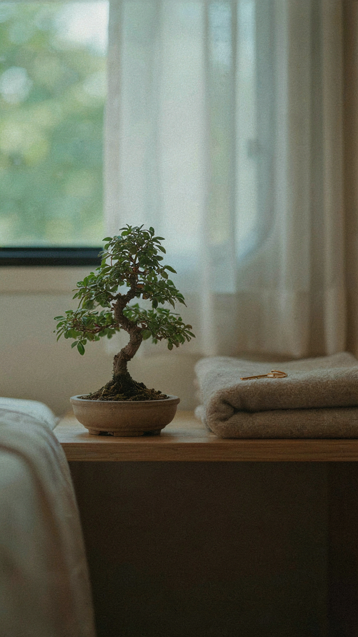 A small, elegant bonsai tree sits perfectly in its pot.