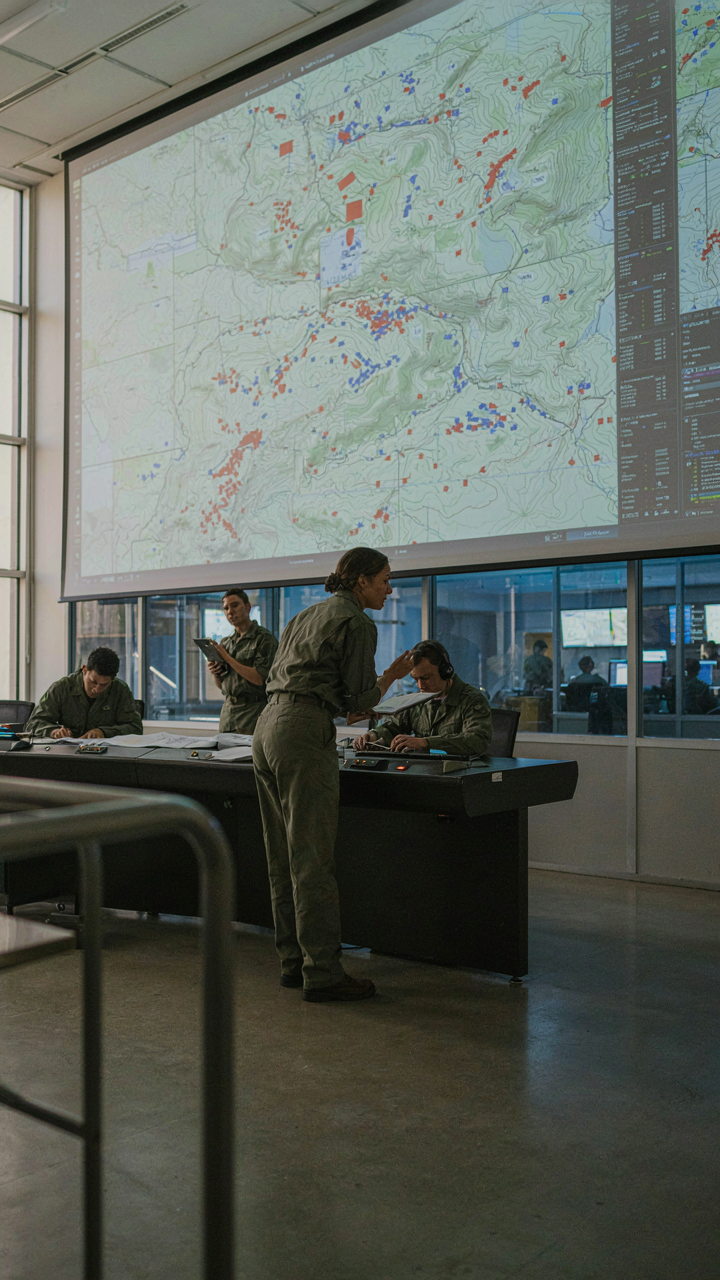 A military command center with screens and strategists working on a plan.