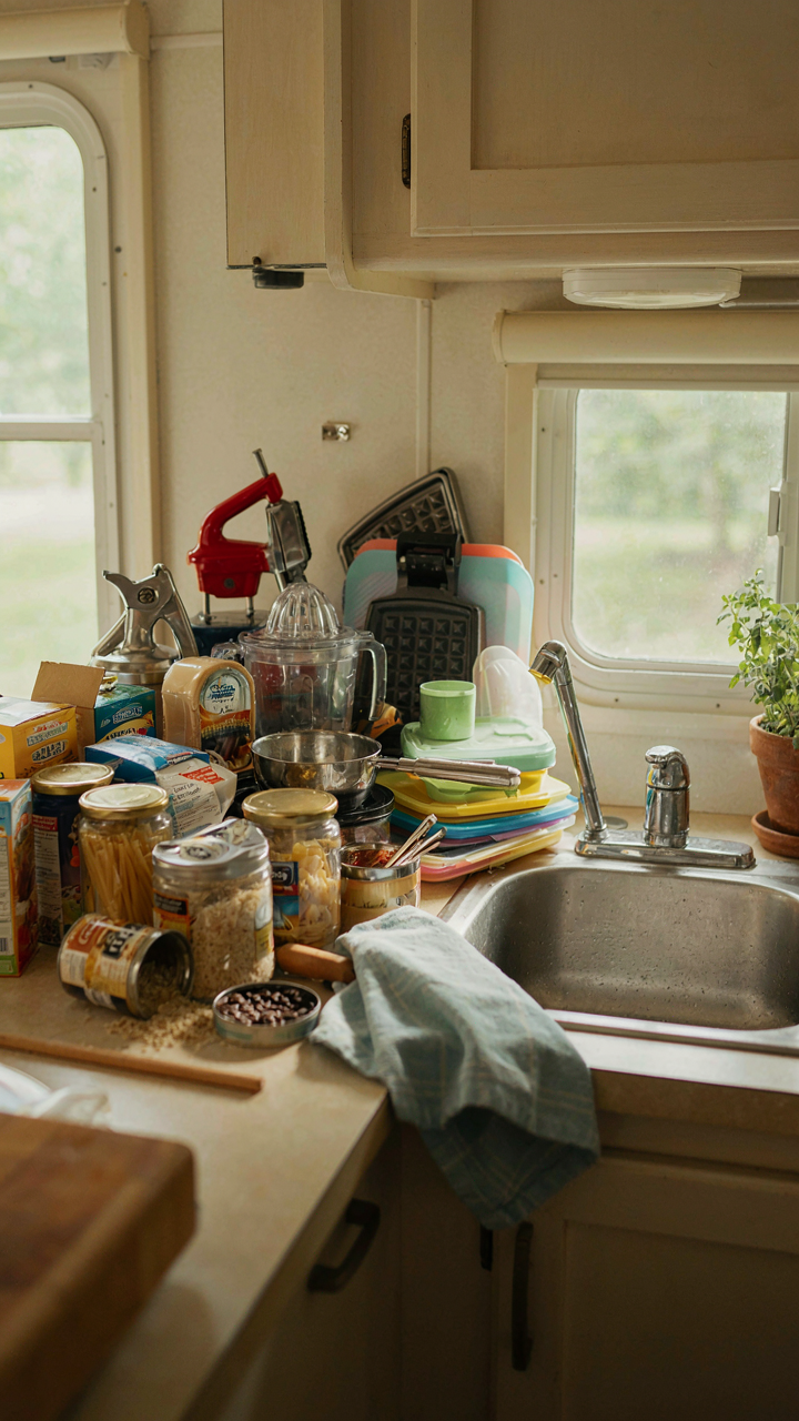 An RV kitchen counter is cluttered with many unused items.