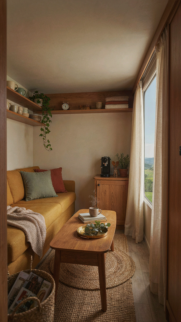 A small RV living space is well-organized with purpose-driven curtains.