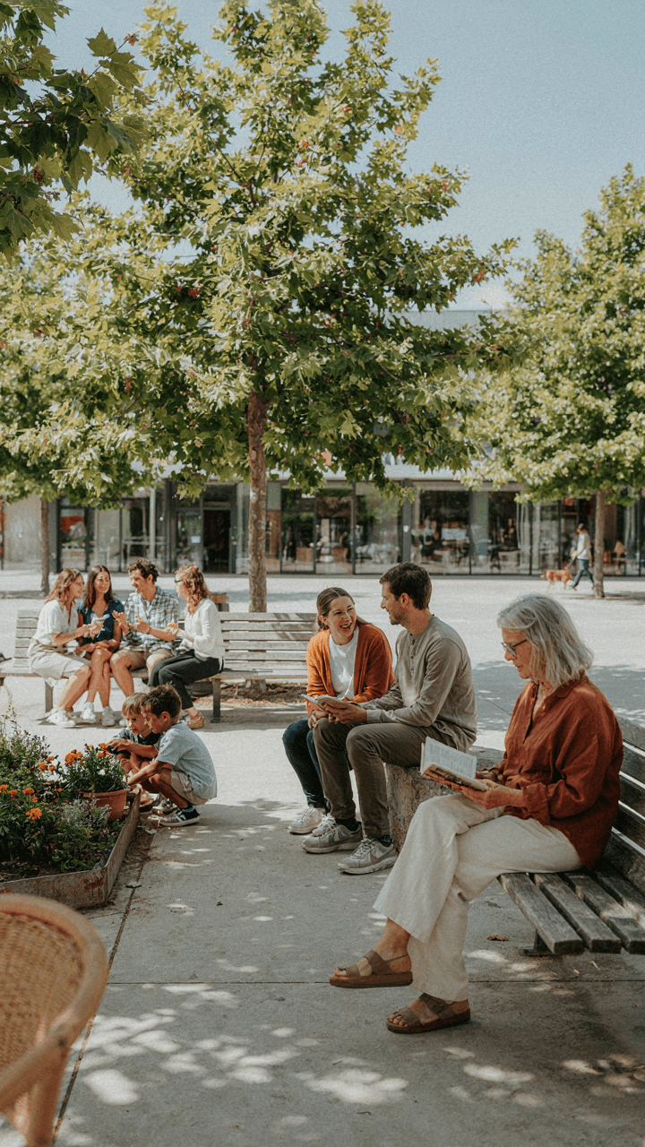 People interact in flexible outdoor seating clusters in a public space.