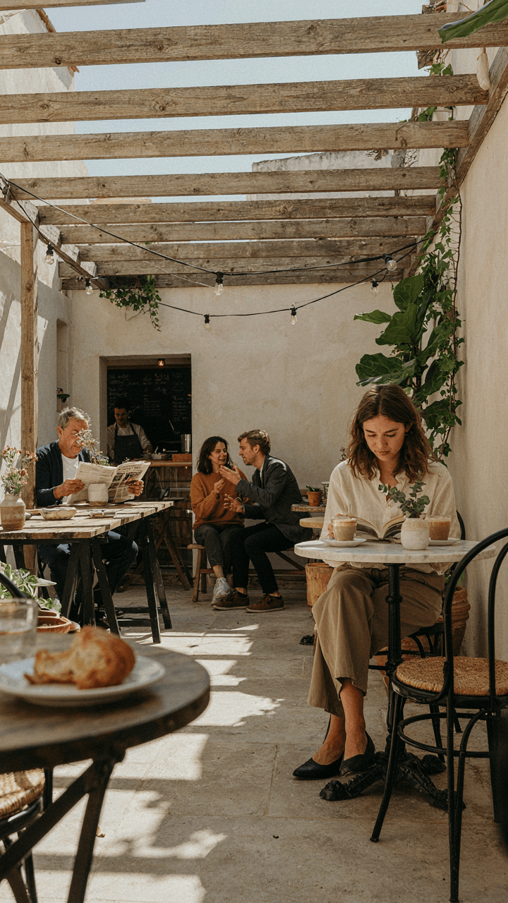 An outdoor cafe with varied outdoor seating clusters and relaxing people.