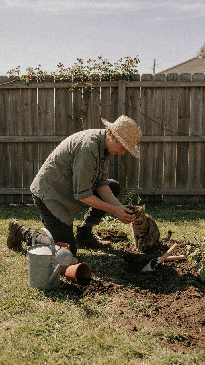 A person actively digging and planting new plants in a small garden corner.