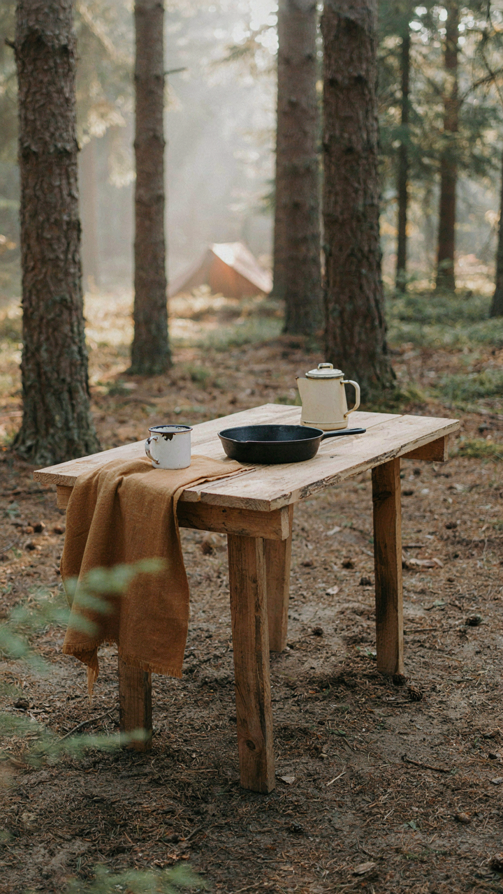 A simple, well-used wooden diy camp table sits with essentials at a minimalist campsite.