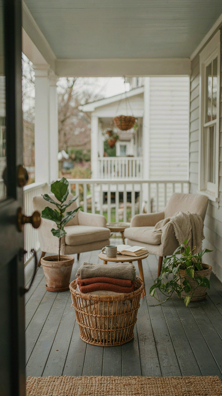 A well-organized front porch with an outdoor blanket basket.