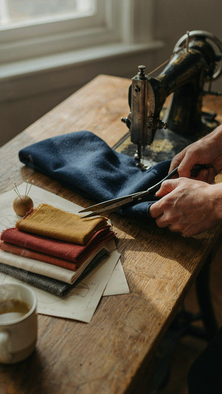 Hands cutting fabric for a diy picnic table runner on a work table.