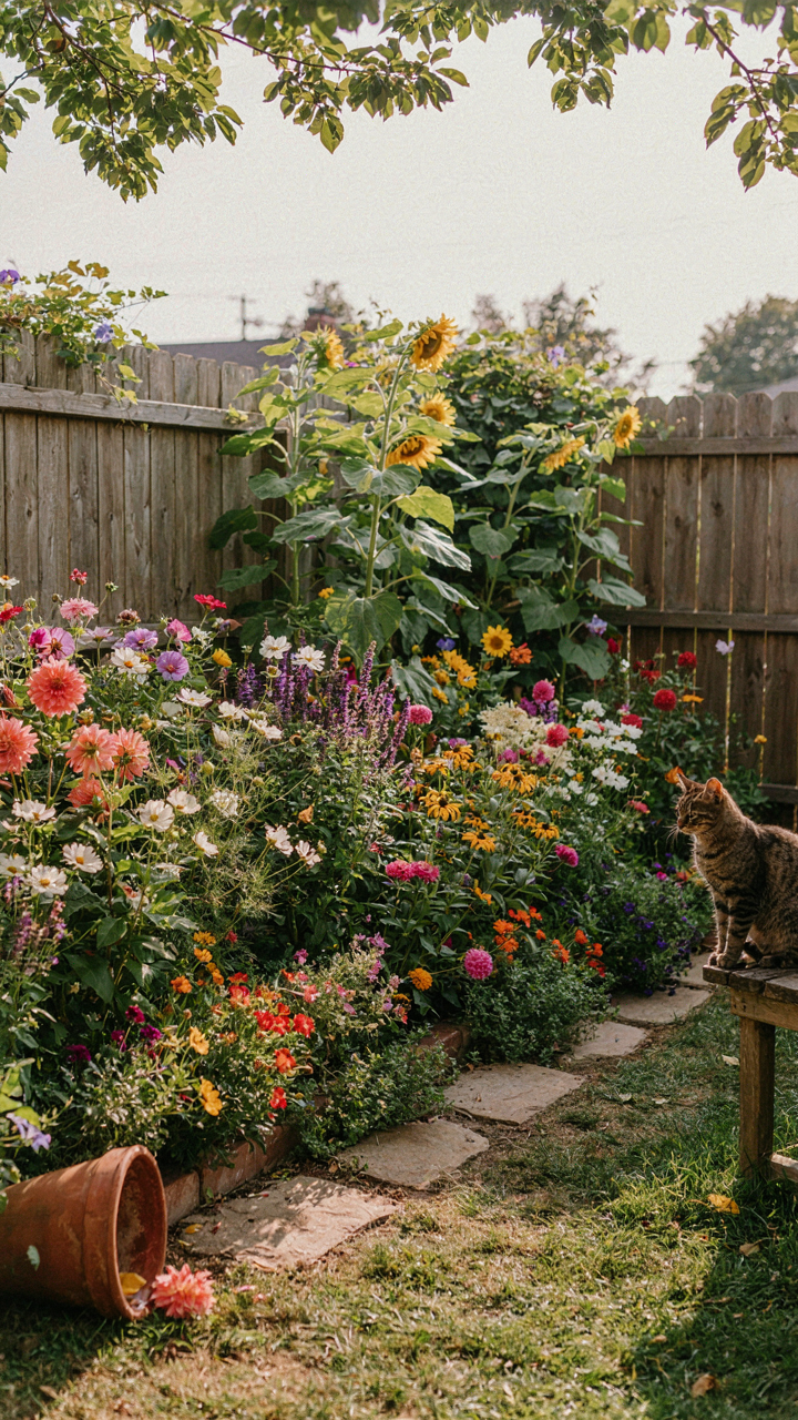 A backyard garden bursts with many colorful flowers.