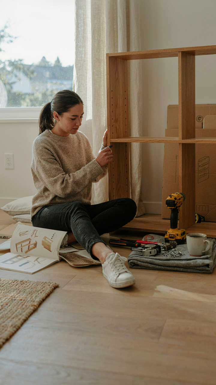 A person following an instruction manual to assemble furniture on a clean workspace.