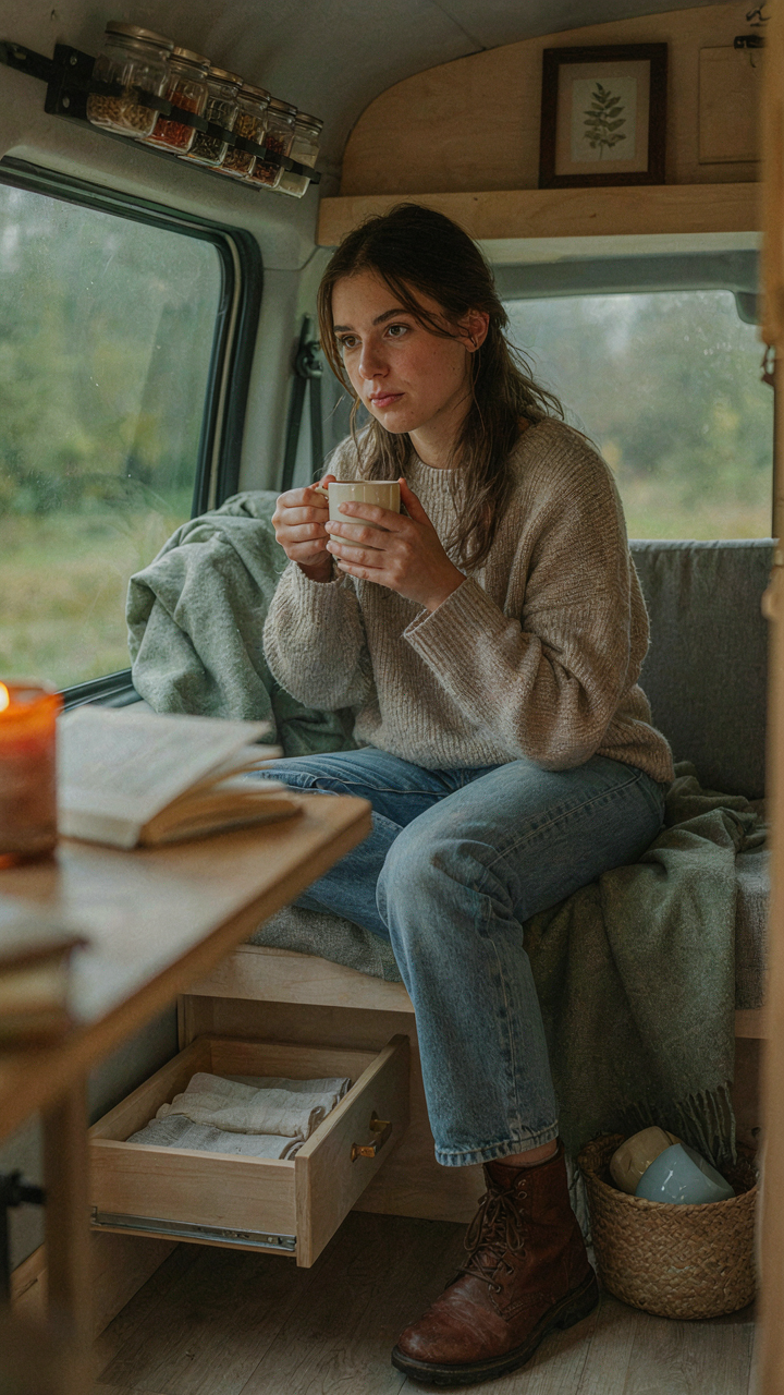 A person in a small, organized camper van holds one item, thinking about it.
