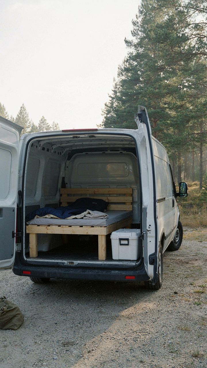 A simple bed and cooler are in the back of a cargo van.