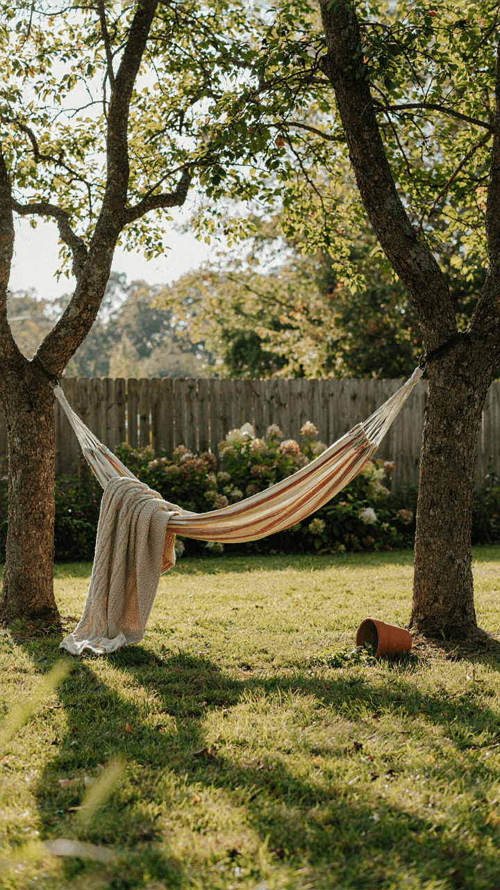 A simple hammock hangs between trees in a natural backyard.
